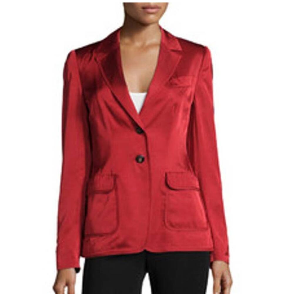 Escada Vermillion Red Satin Two Button Long Sleeve Blazer Size 42